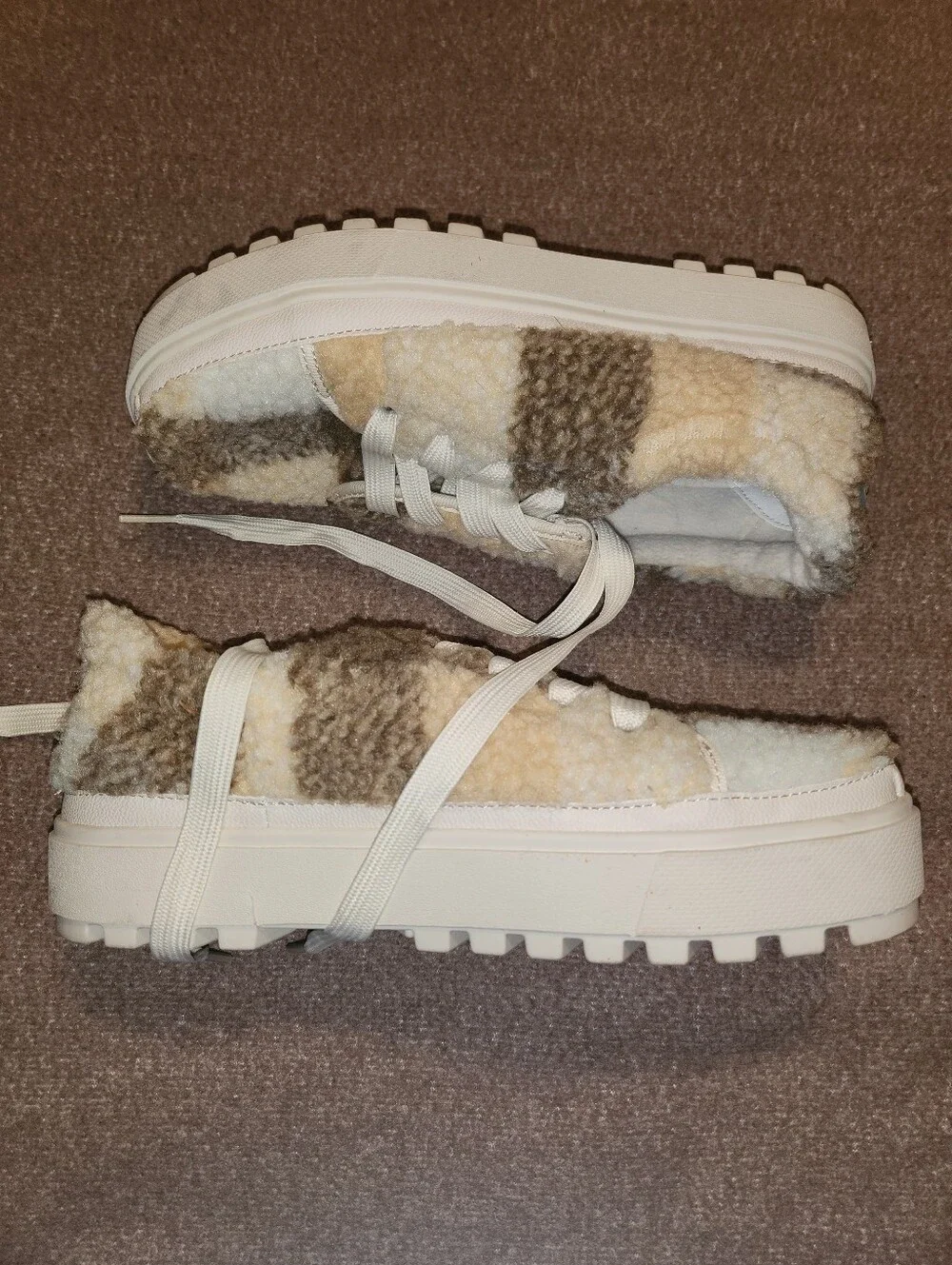 Toms Sherpa Platform Sneakers in Cream and Brown Plaid